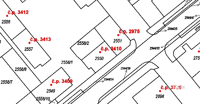 Chomutov 3410 na parcele st. 2550 v KÚ Chomutov II, Katastrální mapa