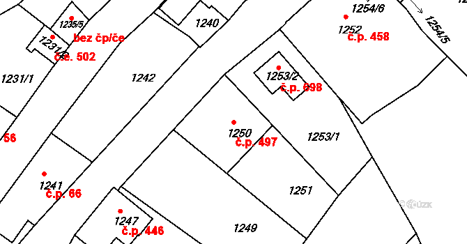 Rumburk 1 497, Rumburk na parcele st. 1250 v KÚ Rumburk, Katastrální mapa