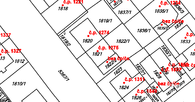 Východní Předměstí 1275, Plzeň na parcele st. 1821 v KÚ Plzeň, Katastrální mapa