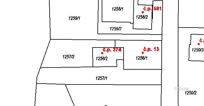 Šumbark 374, Havířov na parcele st. 1256/2 v KÚ Šumbark, Katastrální mapa