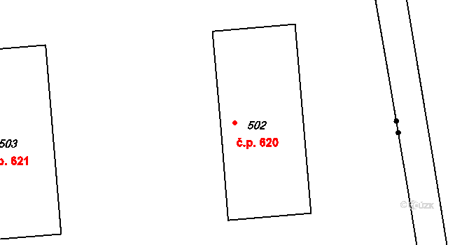 Mladá 620, Milovice na parcele st. 502 v KÚ Benátecká Vrutice, Katastrální mapa