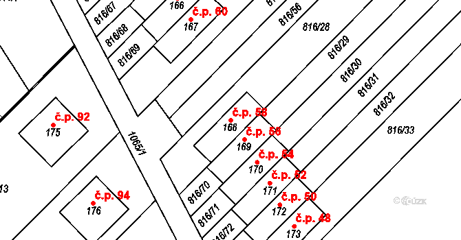 Hošťálkovy 58 na parcele st. 168 v KÚ Hošťálkovy, Katastrální mapa