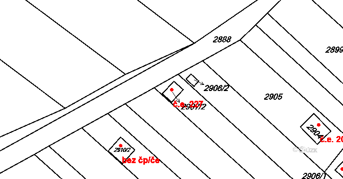 Lužice 227 na parcele st. 2907/2 v KÚ Lužice u Hodonína, Katastrální mapa