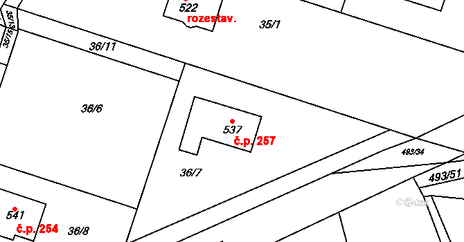 Tatce 257 na parcele st. 537 v KÚ Tatce, Katastrální mapa