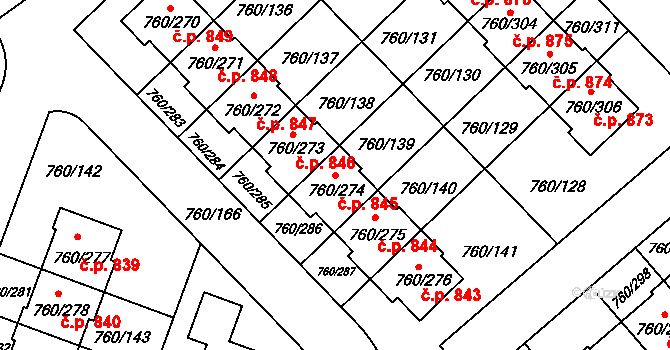 Letňany 845, Praha na parcele st. 760/274 v KÚ Letňany, Katastrální mapa