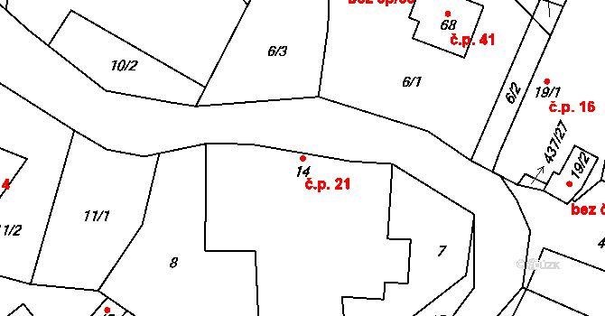 Meziklasí 21, Dolní Město na parcele st. 14 v KÚ Meziklasí, Katastrální mapa