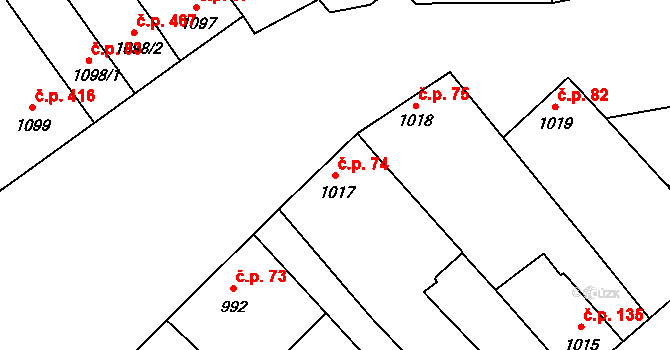 Moravský Žižkov 74 na parcele st. 1017 v KÚ Moravský Žižkov, Katastrální mapa