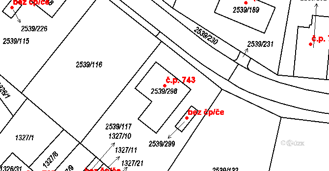 Velká Bíteš 743 na parcele st. 2539/298 v KÚ Velká Bíteš, Katastrální mapa