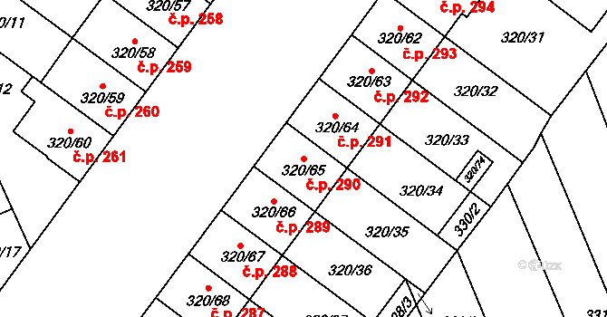 Dobšice 290 na parcele st. 320/65 v KÚ Dobšice u Znojma, Katastrální mapa