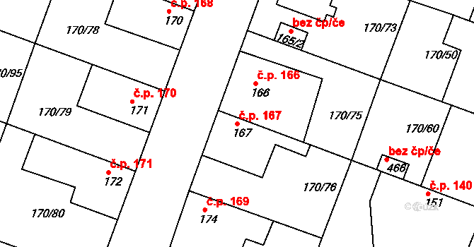 Hořátev 167 na parcele st. 167 v KÚ Hořátev, Katastrální mapa