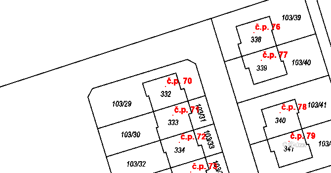 Kasárna 70, Znojmo na parcele st. 332 v KÚ Mramotice, Katastrální mapa