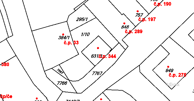 Telč-Podolí 344, Telč na parcele st. 631/1 v KÚ Telč, Katastrální mapa