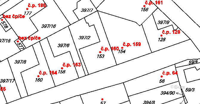 Horoměřice 160 na parcele st. 153 v KÚ Horoměřice, Katastrální mapa