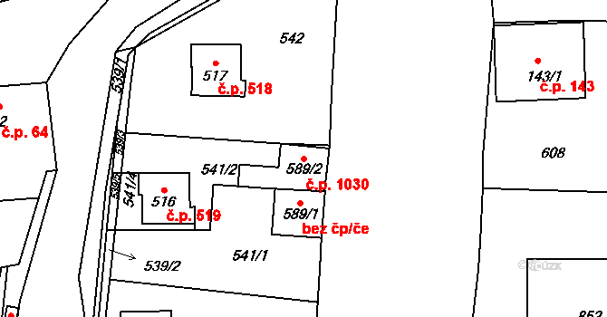 Rudná 1030 na parcele st. 589/2 v KÚ Dušníky u Rudné, Katastrální mapa