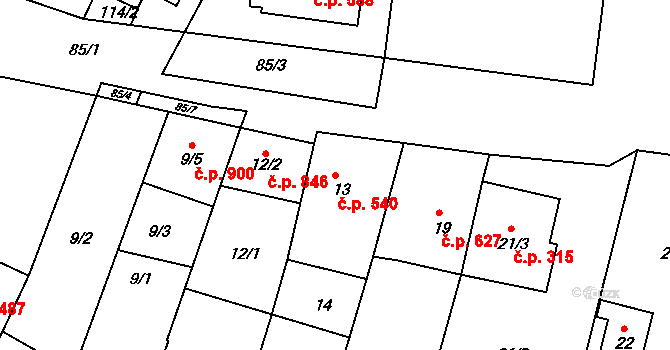 Veverská Bítýška 540 na parcele st. 13 v KÚ Veverská Bítýška, Katastrální mapa