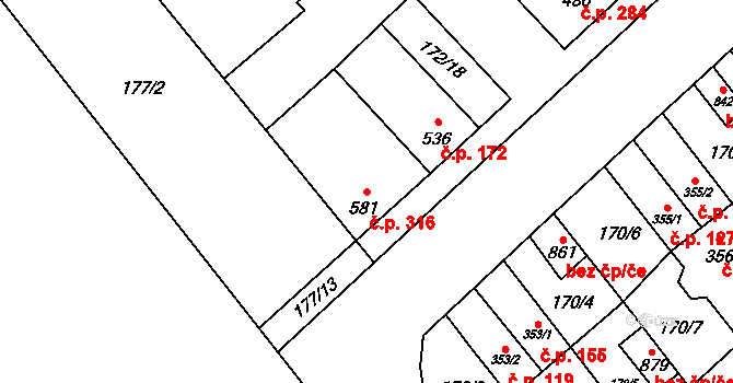 Humny 316, Pchery na parcele st. 581 v KÚ Pchery, Katastrální mapa