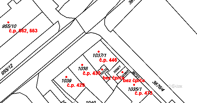 Vyškov-Předměstí 446, Vyškov na parcele st. 1037/1 v KÚ Vyškov, Katastrální mapa