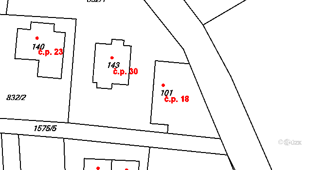 Opřetice 18, Bystřice na parcele st. 101 v KÚ Jinošice, Katastrální mapa