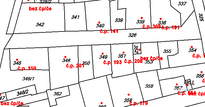 Švermov 193, Kladno na parcele st. 349 v KÚ Motyčín, Katastrální mapa