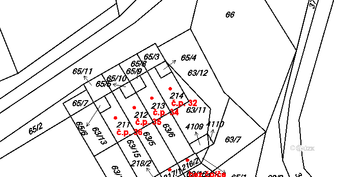 Dolní Radouň 32, Jindřichův Hradec na parcele st. 214 v KÚ Dolní Radouň, Katastrální mapa
