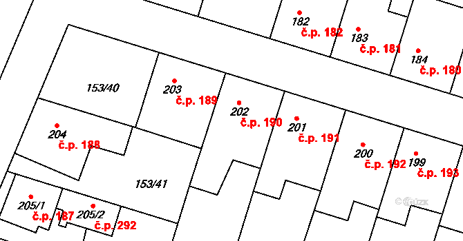 Skřivany 190 na parcele st. 202 v KÚ Skřivany, Katastrální mapa