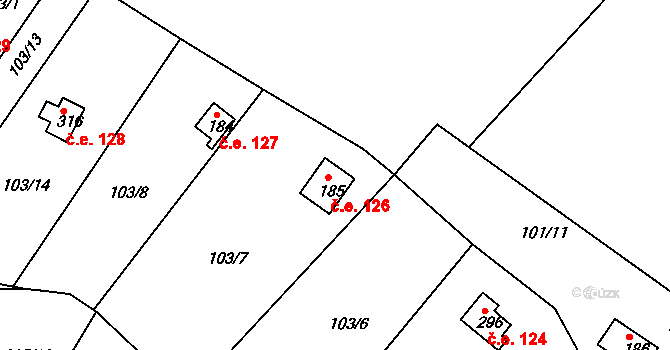 Malá Hraštice 126 na parcele st. 185 v KÚ Malá Hraštice, Katastrální mapa