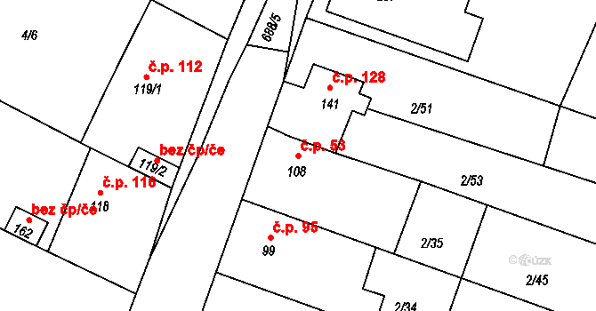 Sudoměřice u Bechyně 53 na parcele st. 108 v KÚ Sudoměřice u Bechyně, Katastrální mapa