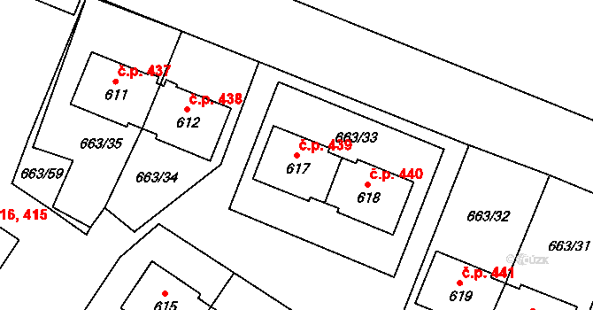 Milovice 439 na parcele st. 617 v KÚ Milovice nad Labem, Katastrální mapa
