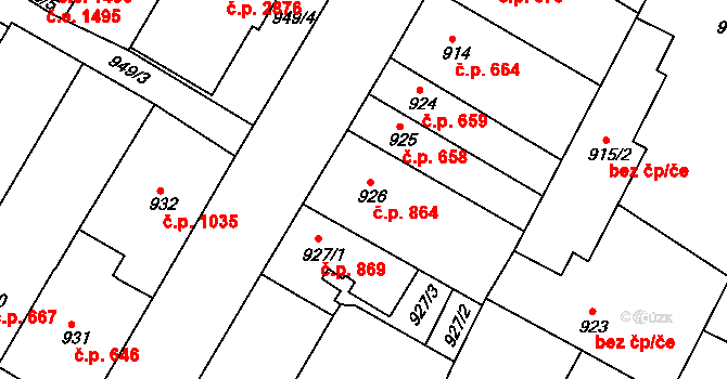 Teplice 864 na parcele st. 926 v KÚ Teplice, Katastrální mapa