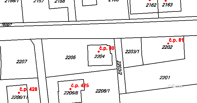 Staré Město 80 na parcele st. 2204 v KÚ Staré Město u Frýdku-Místku, Katastrální mapa