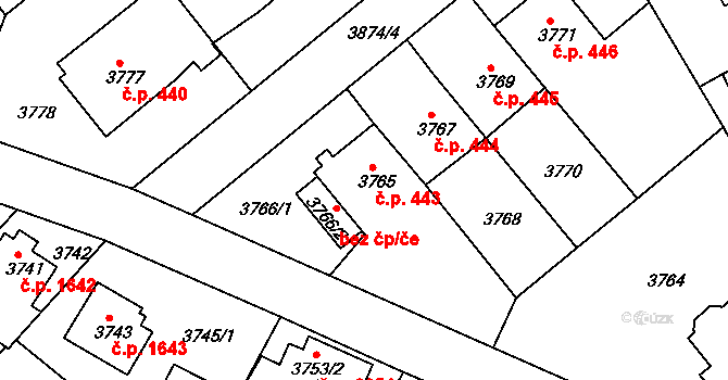 Modřany 443, Praha na parcele st. 3765 v KÚ Modřany, Katastrální mapa