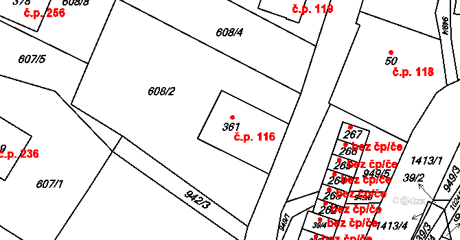 Černý Důl 116 na parcele st. 361 v KÚ Černý Důl, Katastrální mapa