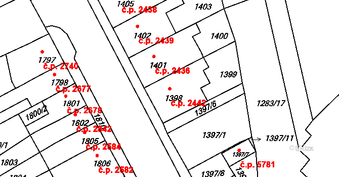 Chomutov 2442 na parcele st. 1398 v KÚ Chomutov II, Katastrální mapa