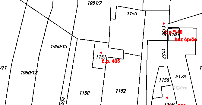 Týnec nad Labem 405 na parcele st. 1151 v KÚ Týnec nad Labem, Katastrální mapa