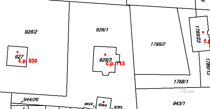 Hrádek nad Nisou 713 na parcele st. 928/3 v KÚ Hrádek nad Nisou, Katastrální mapa