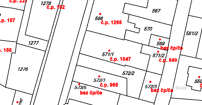 Kosmonosy 1047 na parcele st. 571/1 v KÚ Kosmonosy, Katastrální mapa