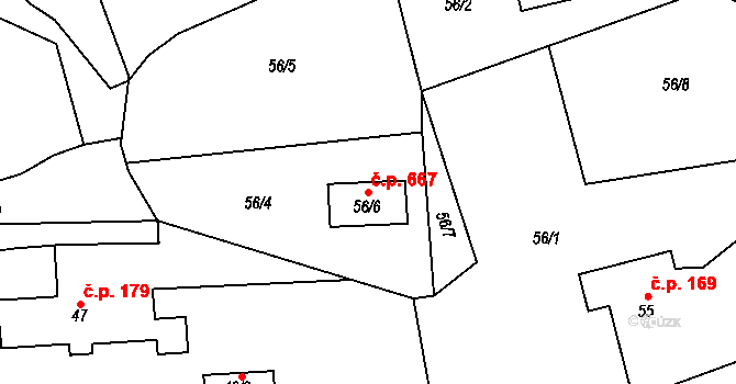 Staříč 667 na parcele st. 56/6 v KÚ Staříč, Katastrální mapa