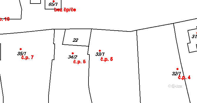 Slavětice 5 na parcele st. 33/1 v KÚ Slavětice, Katastrální mapa