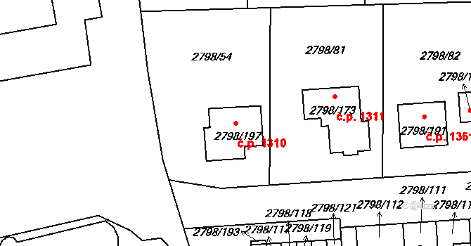 Mohelnice 1310 na parcele st. 2798/197 v KÚ Mohelnice, Katastrální mapa