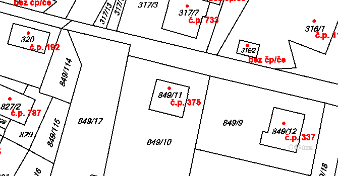 Výškovice 375, Ostrava na parcele st. 849/11 v KÚ Výškovice u Ostravy, Katastrální mapa