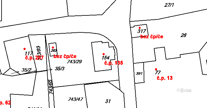 Škrdlovice 135 na parcele st. 154 v KÚ Škrdlovice, Katastrální mapa