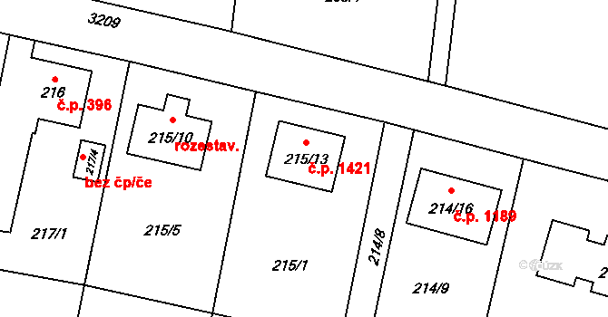 Radvanice 1421, Ostrava na parcele st. 215/13 v KÚ Radvanice, Katastrální mapa