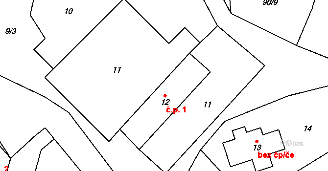 Chvatěruby 1 na parcele st. 12 v KÚ Chvatěruby, Katastrální mapa