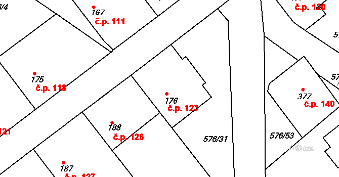 Hornická Čtvrť 123, Chvaletice na parcele st. 176 v KÚ Chvaletice, Katastrální mapa