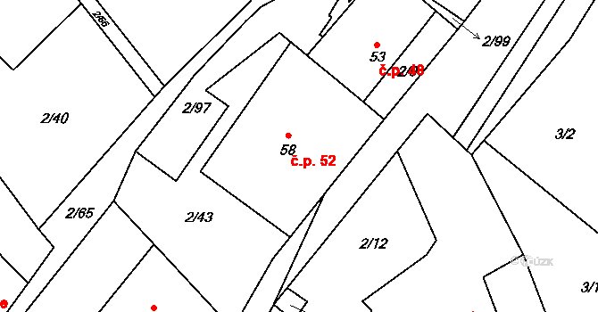 Housko 52, Vysočany na parcele st. 58 v KÚ Housko, Katastrální mapa