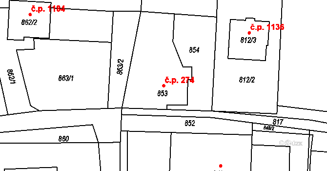 Dětmarovice 274 na parcele st. 853 v KÚ Dětmarovice, Katastrální mapa