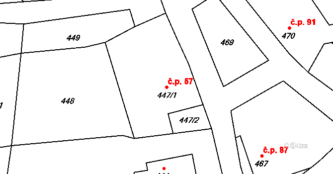 Děrné 57, Fulnek na parcele st. 447/1 v KÚ Děrné, Katastrální mapa