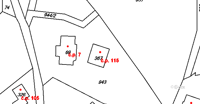 Loužnice 115 na parcele st. 367 v KÚ Loužnice, Katastrální mapa