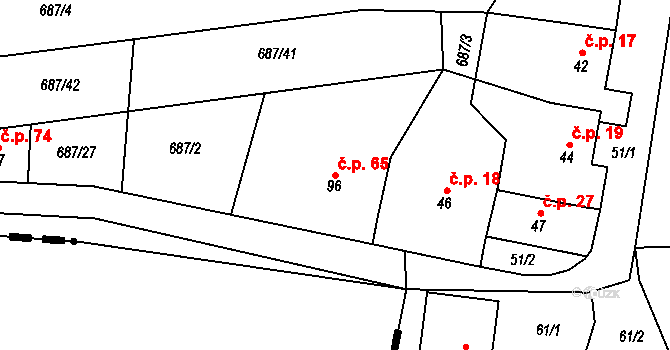 Hamry 65, Plumlov na parcele st. 96 v KÚ Hamry, Katastrální mapa
