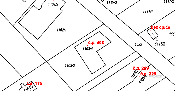 Olomučany 408 na parcele st. 1103/4 v KÚ Olomučany, Katastrální mapa